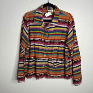 Chico's Design Vintage Tribal Print Jacket Multi Color Stripe Button Up Sz L (2)